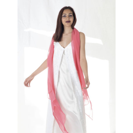 Beautiful white dress silk and sequins and extra long scarf fuschia