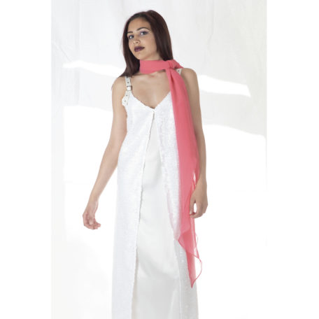 Beautiful white dress silk and sequins and extra long scarf fuschia