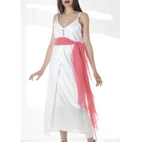 Beautiful white dress silk and sequins and extra long scarf fuschia as a belt