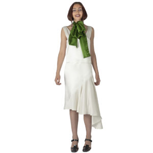 asymmetrical silk dress with a silk green scarf