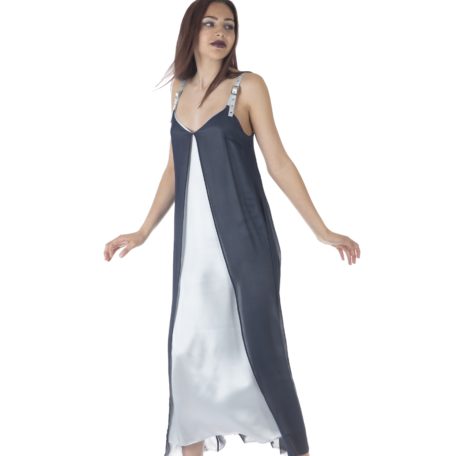 Sleep dress in silk, navy blue and light blue