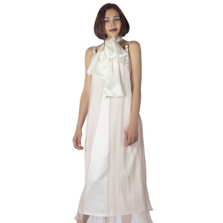 Robe fluide en soie rose et blanc, made in Paris