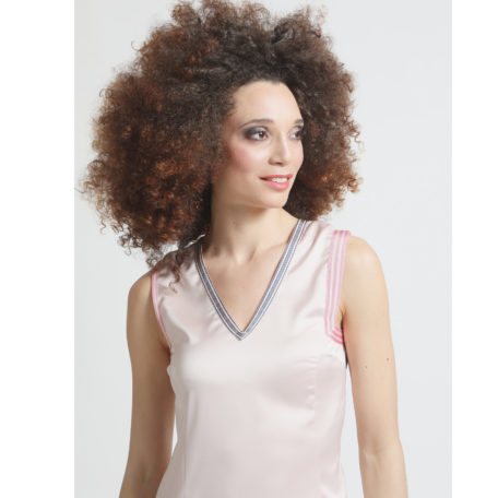 V collar of the silk pink asymmetrical dress