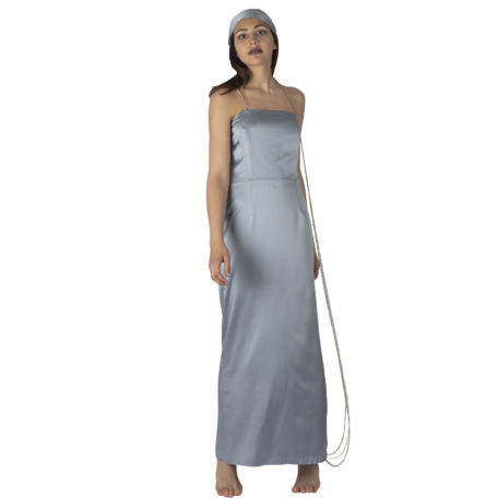 long blue silk dress with a silk scarf light blue