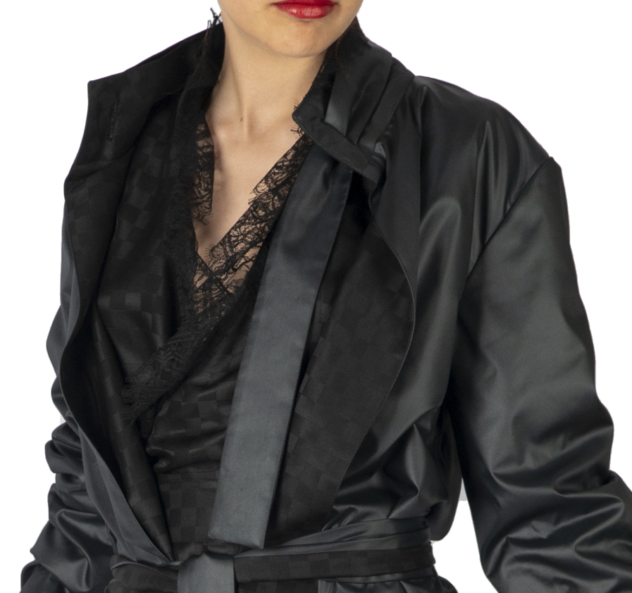 Black gabardine, silk lining with asymmetrical collar