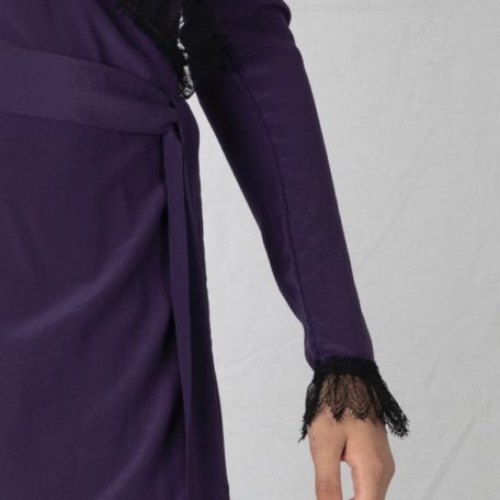 Long sleeves purple silk dress with Calais lace