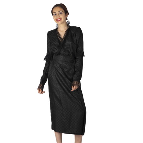 Longue robe portefeuille noir avec double ceinture effet ventre plat