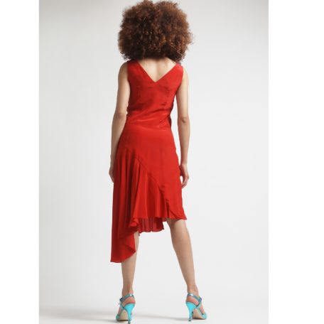 asymmetrical red silk dress V back