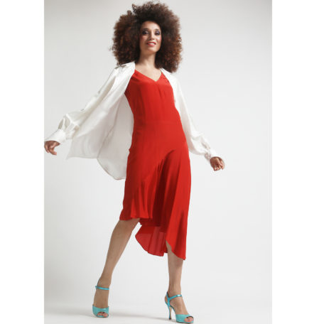 asymmetrical red silk dress and white piquette