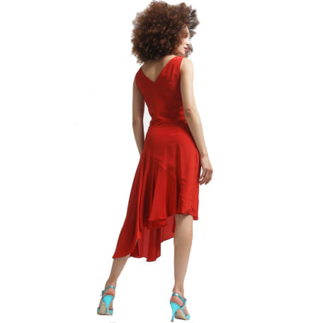 asymmetrical red silk dress back